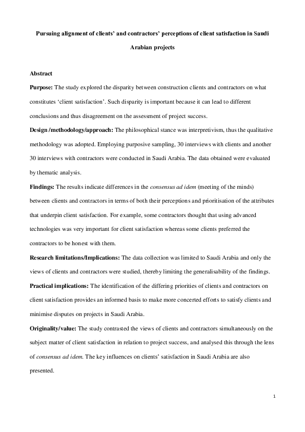 (PDF) Pursuing alignment of clients' and contractors' perceptions of ...