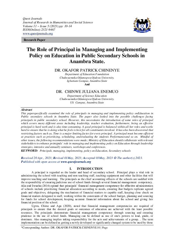 (PDF) The Role of Principal in Managing and Implementing Policy on ...