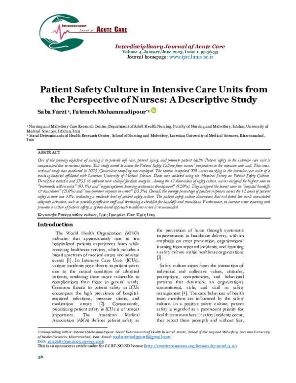 (PDF) Patient Safety Culture in Intensive Care Units from the ...