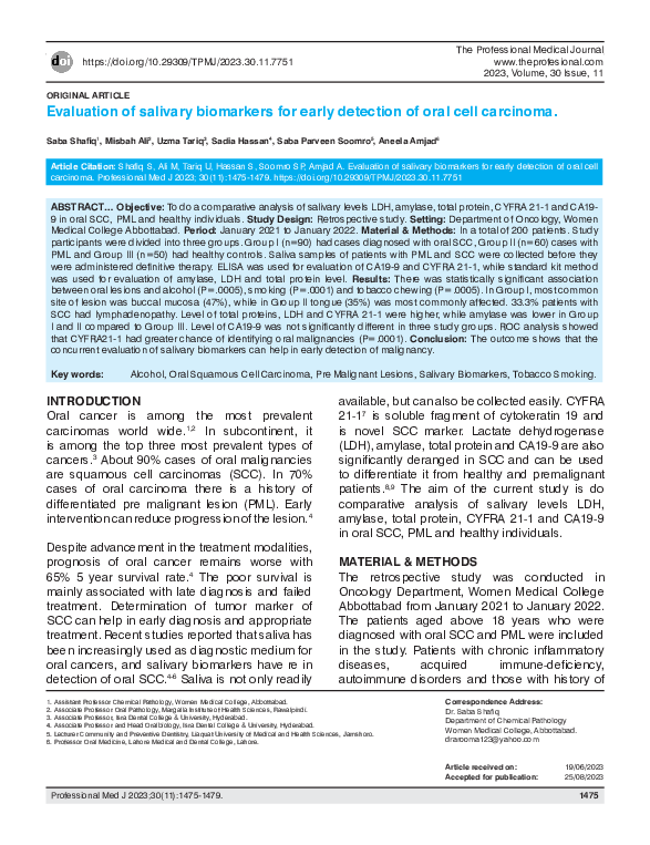 (PDF) Evaluation of salivary biomarkers for early detection of oral ...