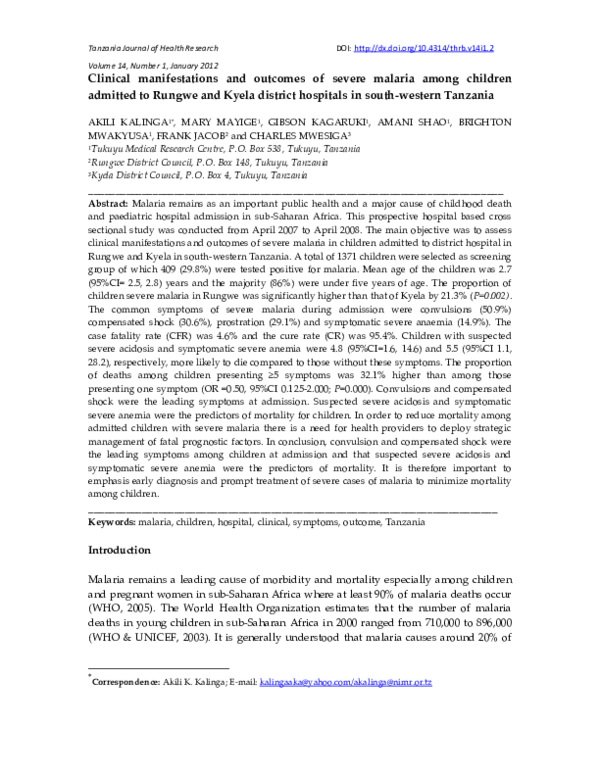 (PDF) Clinical manifestations and outcomes of severe malaria among ...