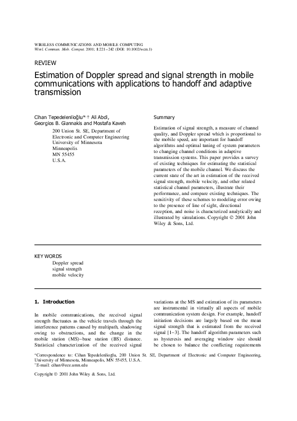 (PDF) Estimation of Doppler spread and signal strength in mobile ...