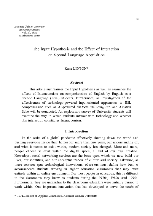 (PDF) The Input Hypothesis and the Effect of Interaction on Second ...