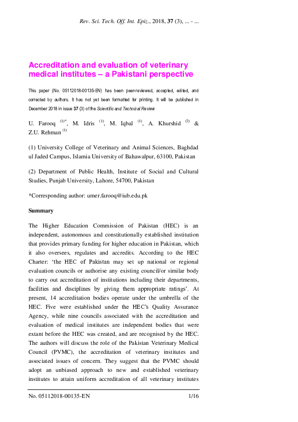 (PDF) Accreditation and evaluation of veterinary medical institutes – a ...
