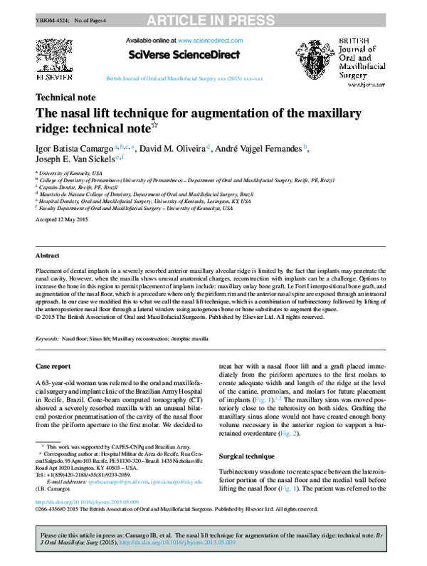 (PDF) The nasal lift technique for augmentation of the maxillary ridge ...