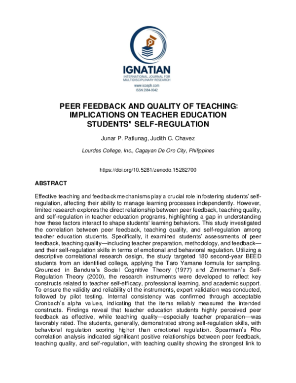 (PDF) PEER FEEDBACK AND QUALITY OF TEACHING IMPLICATIONS ON TEACHER ...
