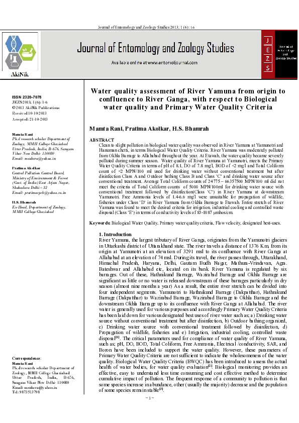 (PDF) Water quality assessment of River Yamuna from origin to ...