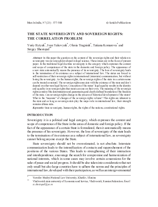 (PDF) The State Sovereignty and Sovereign Rights: the Correlation Problem