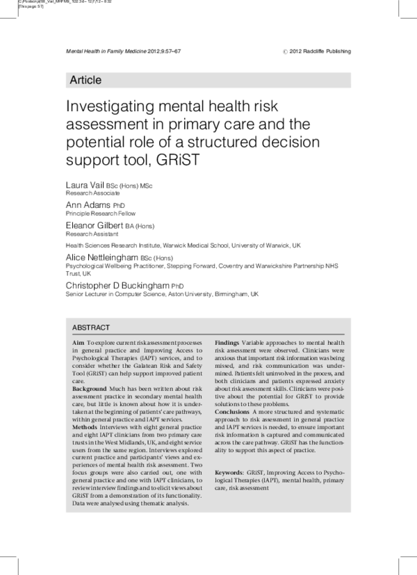 (PDF) Investigating mental health risk assessment in primary care and ...