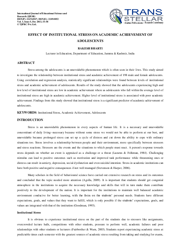 (PDF) Effect of Institutional Stress on Academic Achievement of Adolescents