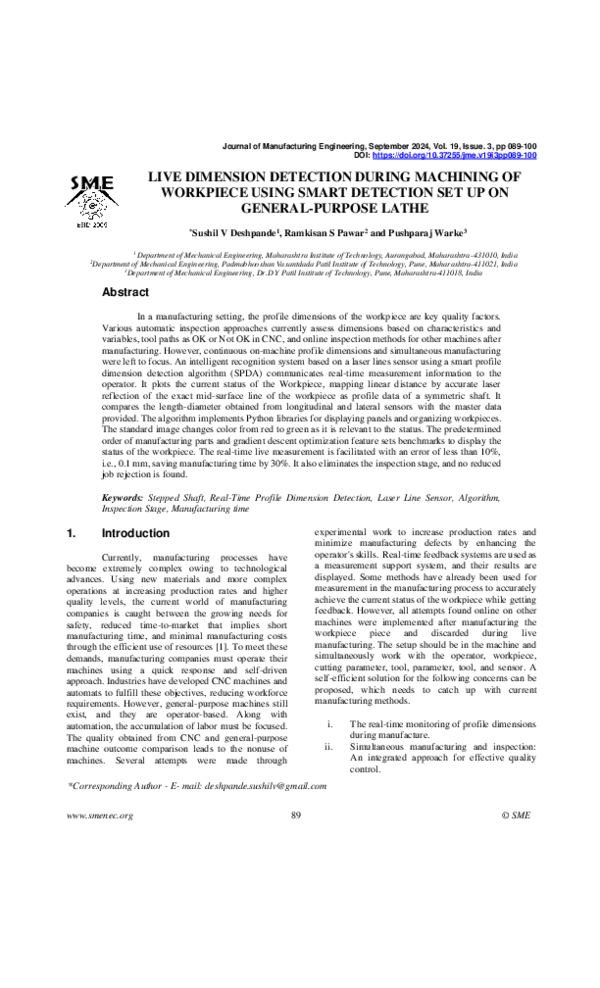 (PDF) LIVE DIMENSION DETECTION DURING MACHINING OF WORKPIECE USING ...