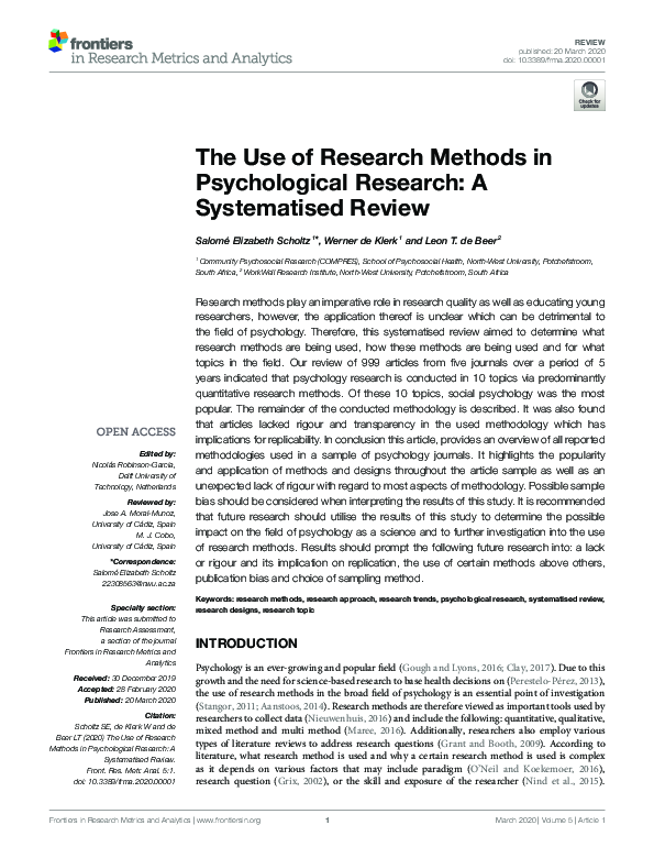 (PDF) The Use of Research Methods in Psychological Research: A ...