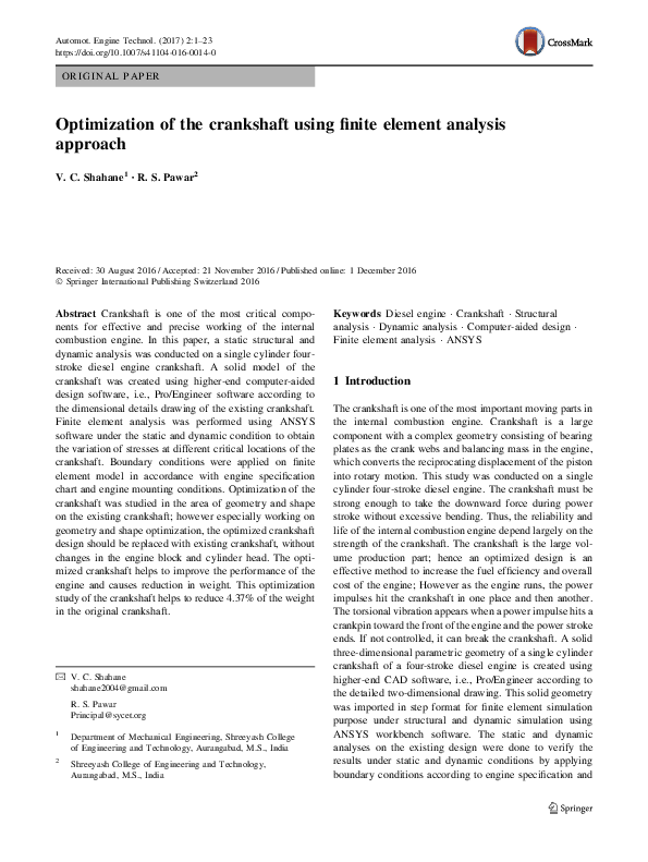 (PDF) Optimization of the crankshaft using finite element analysis