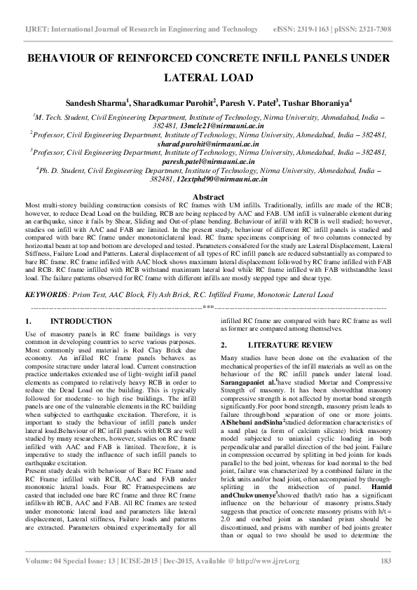 (PDF) Behaviour of Reinforced Concrete Infill Panels Under Lateral Load