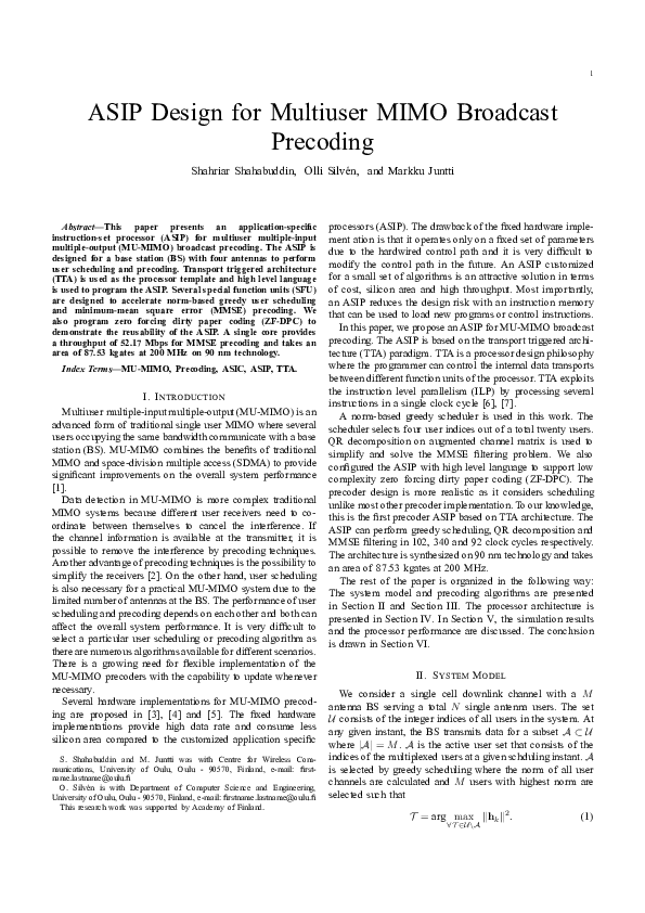 (PDF) ASIP design for multiuser MIMO broadcast precoding
