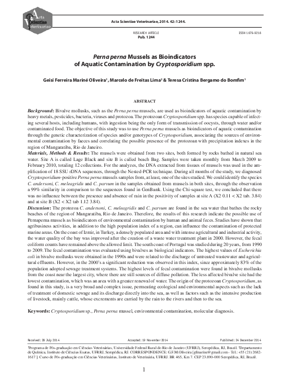 (PDF) Perna perna Mussels as Bioindicators of Aquatic Contamination by ...
