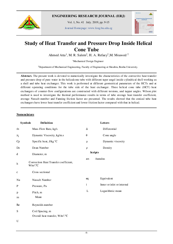 (PDF) Study of Heat Transfer and Pressure Drop Inside Helical Cone Tube