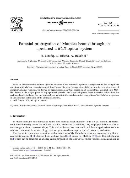 (PDF) Paraxial propagation of Mathieu beams through an apertured ABCD ...