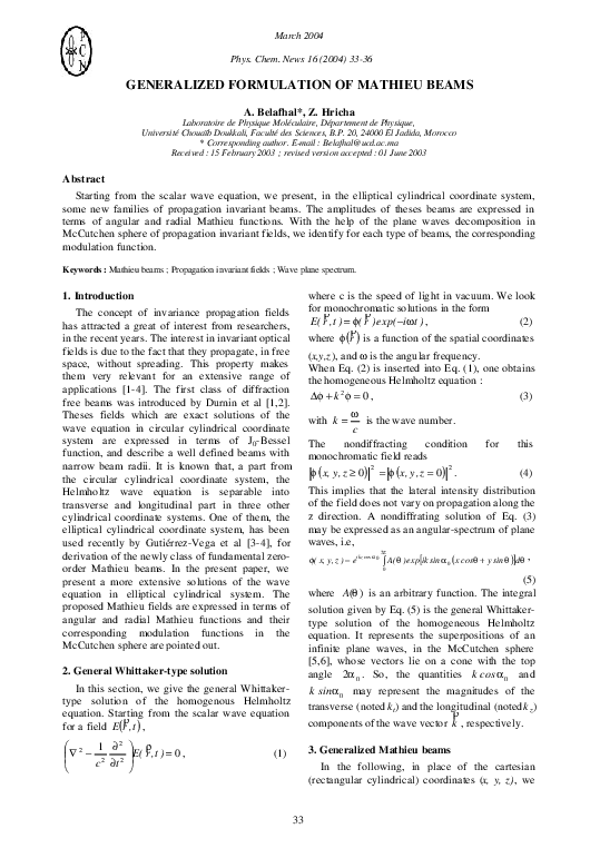 (PDF) Generalized formulation of Mathieu beams