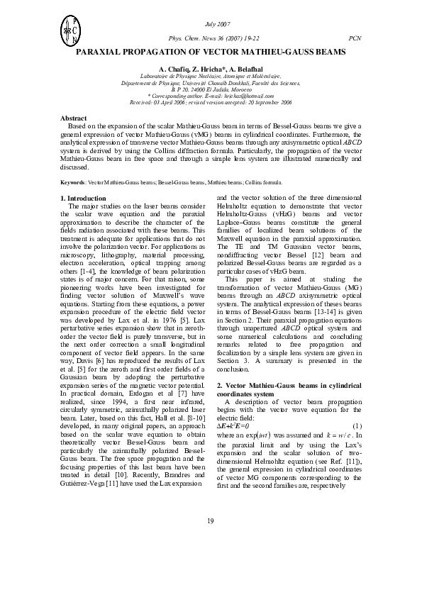 (PDF) Paraxial Propagation of Vector Mathieu-Gauss Beams