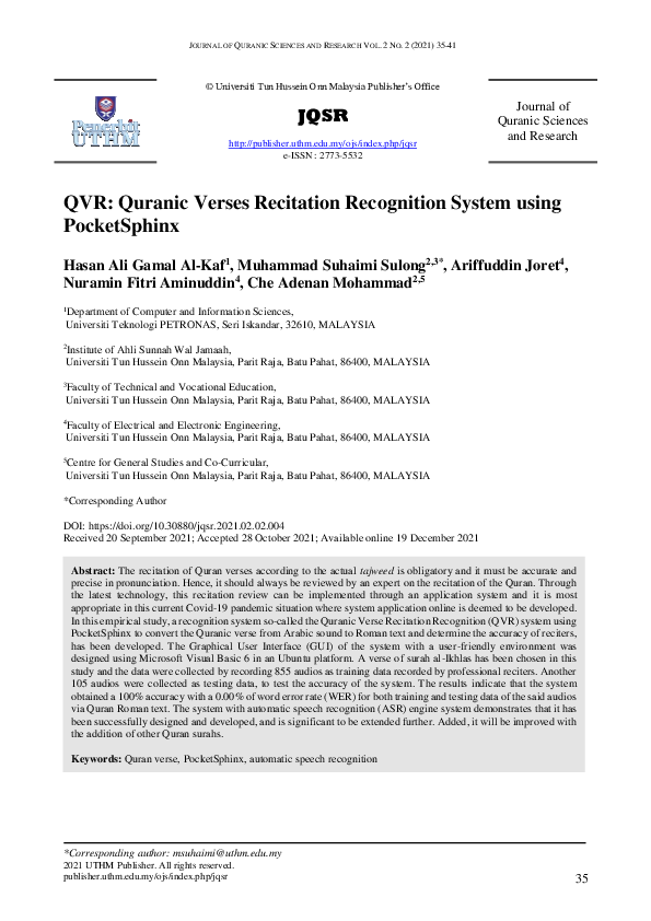 (PDF) QVR: Quranic Verses Recitation Recognition System using PocketSphinx