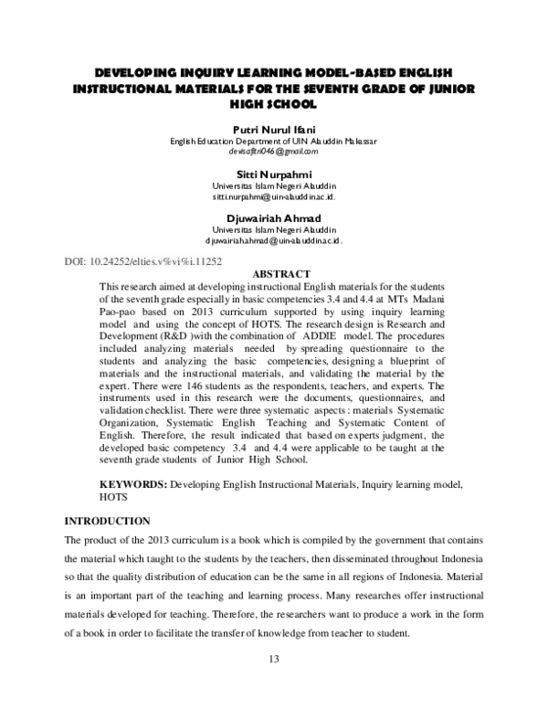 (PDF) Developing Inquiry Learning Model-Based English Instructional ...