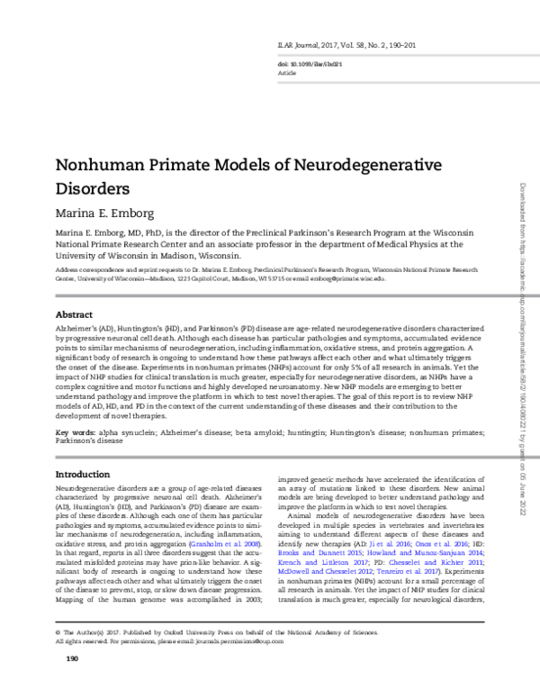 (PDF) Nonhuman Primate Models of Neurodegenerative Disorders