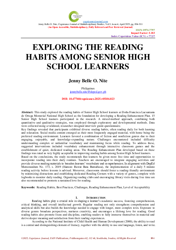 (PDF) EXPLORING THE READING HABITS AMONG SENIOR HIGH SCHOOL LEARNERS