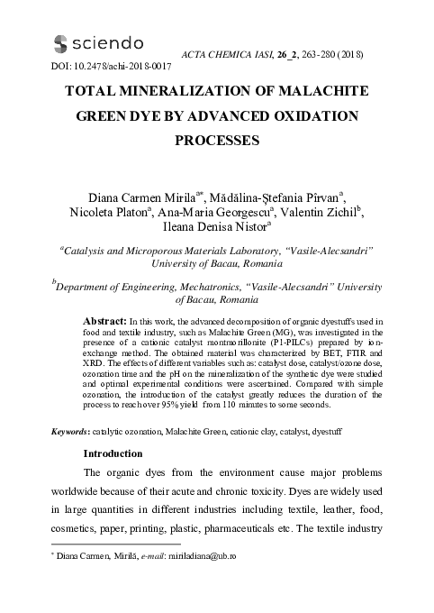 (PDF) Total Mineralization of Malachite Green Dye by Advanced Oxidation ...