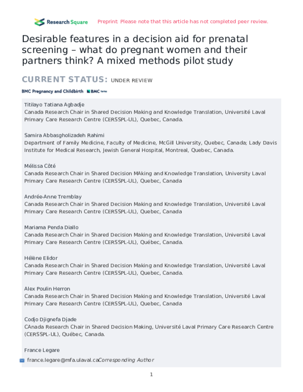 (PDF) Desirable features in a decision aid for prenatal screening ...