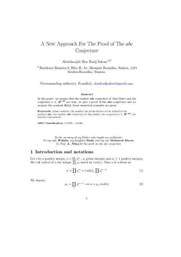 (PDF) A New Approach For The Proof of The abc Conjecture