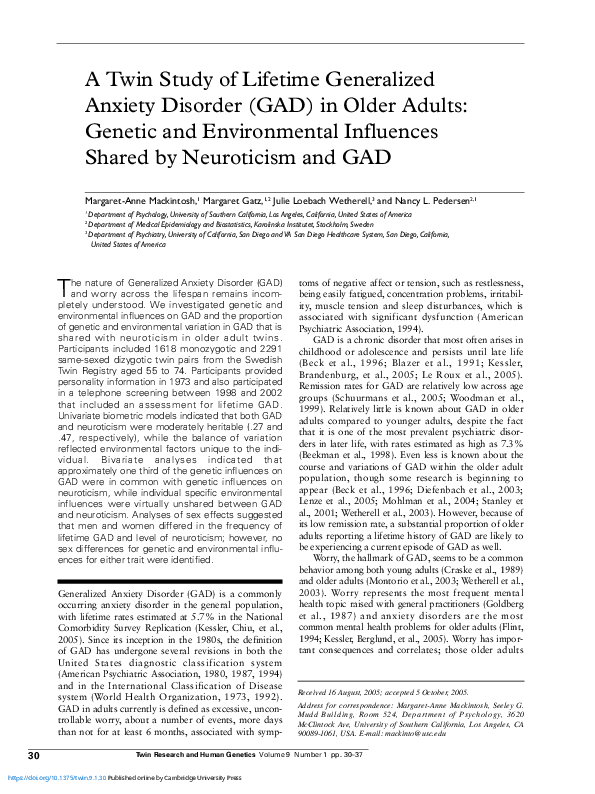 (PDF) A Twin Study of Lifetime Generalized Anxiety Disorder (GAD) in ...
