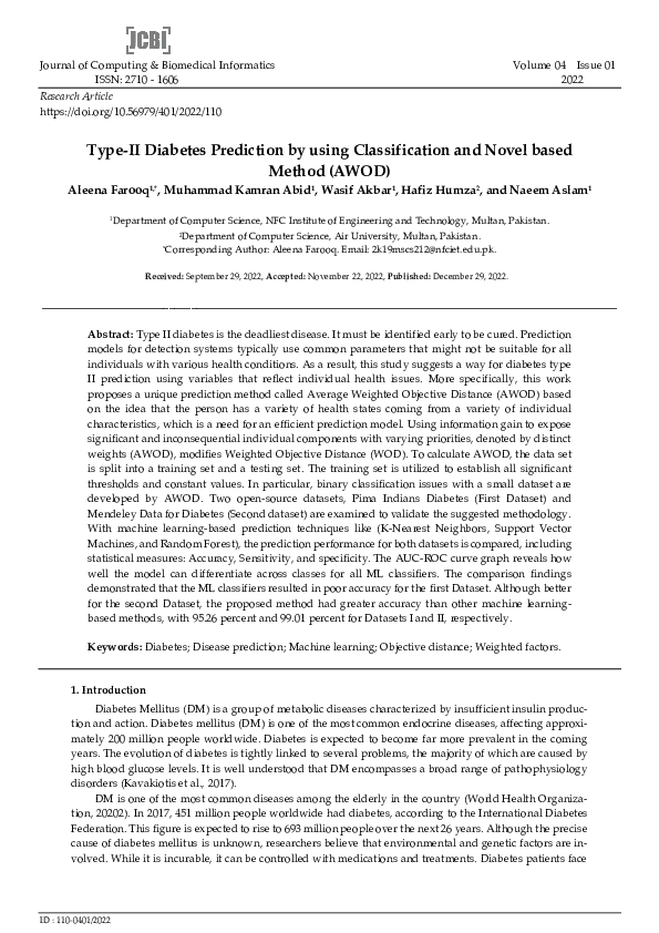 (PDF) Type-II Diabetes Prediction by using Classification and Novel ...