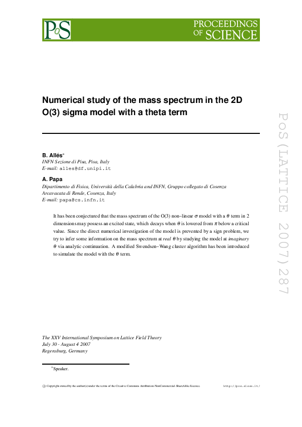 (PDF) Numerical Study of the mass spectrum in the 2D O(3) sigma model ...