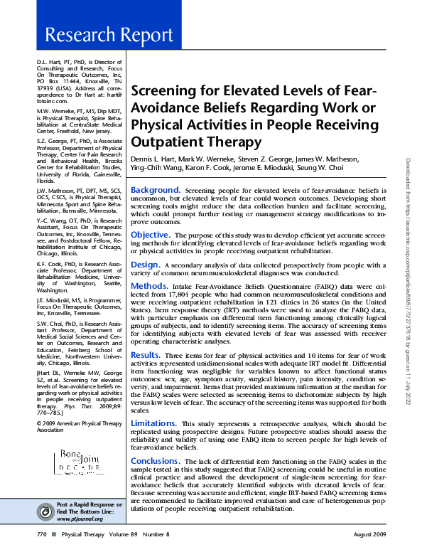(PDF) Screening for Elevated Levels of Fear-Avoidance Beliefs Regarding ...