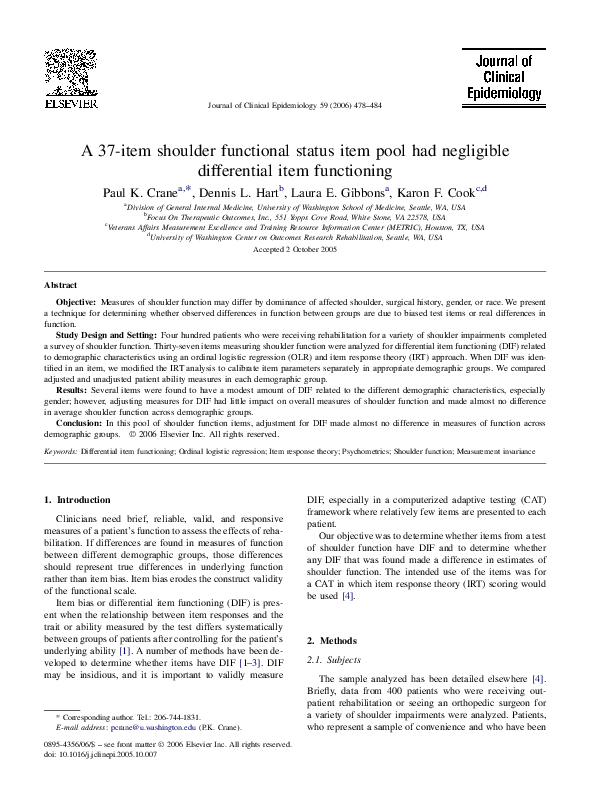 (PDF) A 37-item shoulder functional status item pool had negligible ...