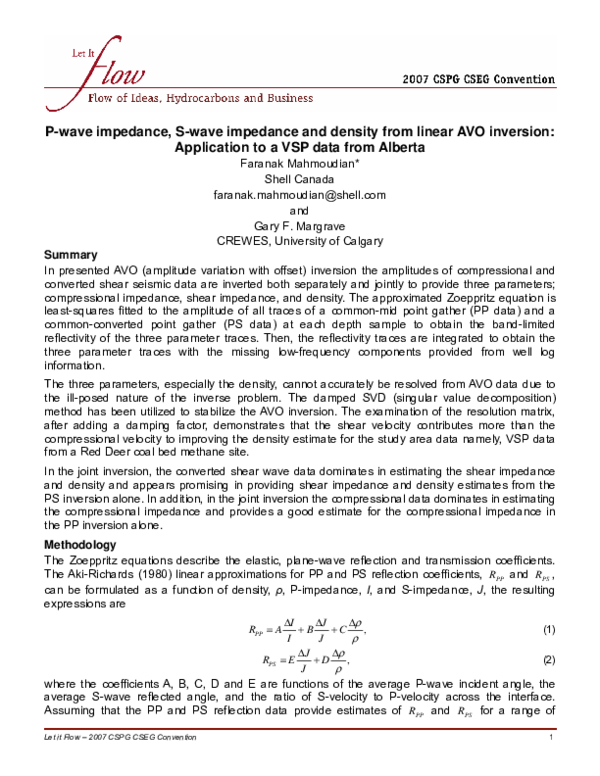 (PDF) P-wave impedance, S-wave impedance and density from linear AVO ...