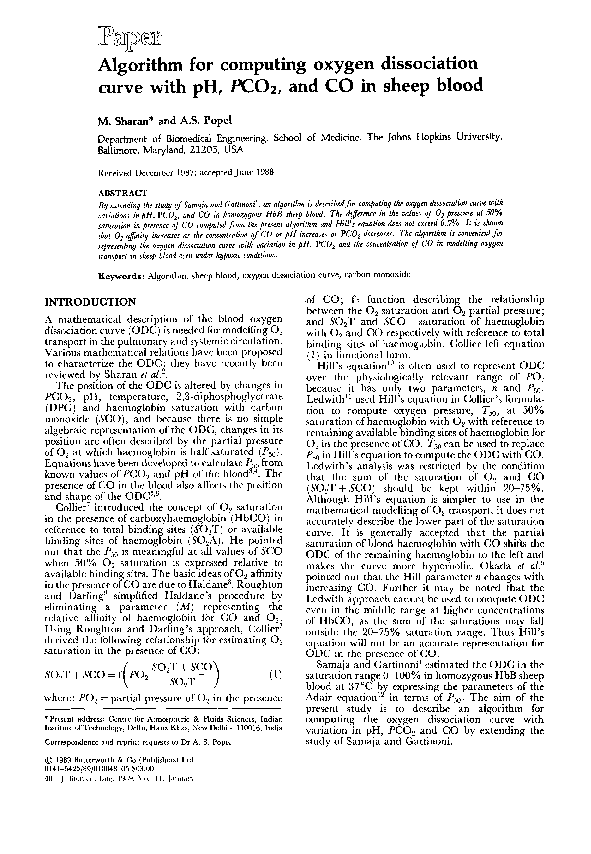 (PDF) Algorithm for computing oxygen dissociation curve with pH, PCO2 ...