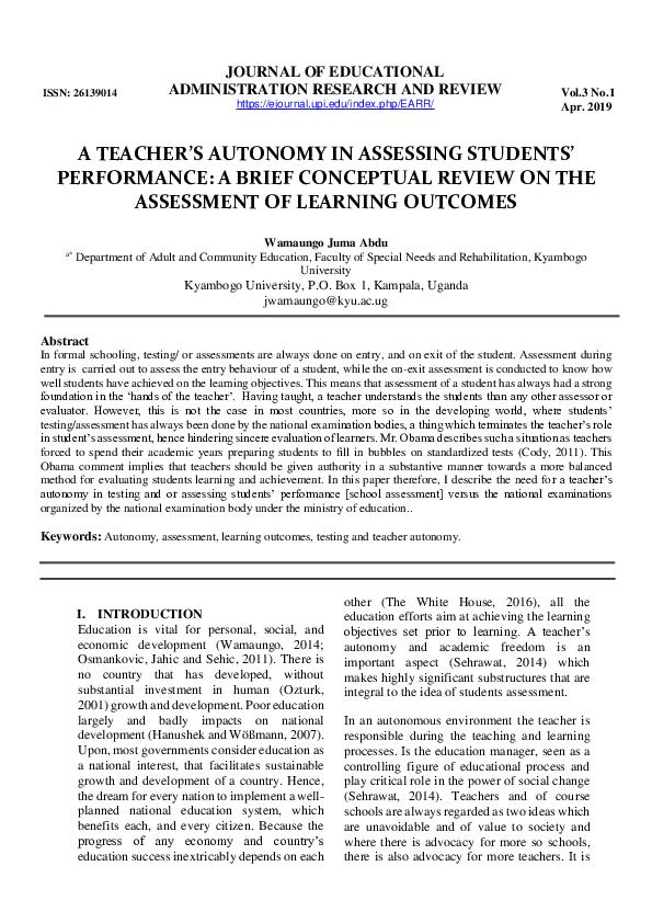 (PDF) A Teacher’s Autonomy in Assessing Students’ Performance: A Brief ...