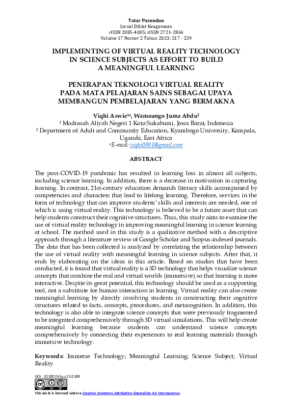 (PDF) Implementing of Virtual Reality Technology in Science Subjects as ...