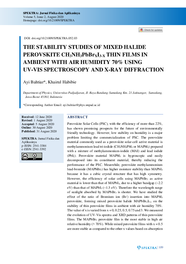 (PDF) THE STABILITY STUDIES OF MIXED HALIDE PEROVSKITE CH 3 NH 3 PbBr X ...