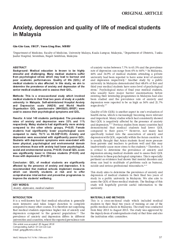 (PDF) Anxiety, depression and quality of life of medical students in ...