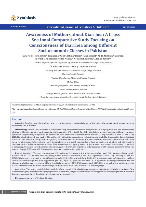 (PDF) Awareness of Mothers about Diarrhea; A Cross Sectional ...