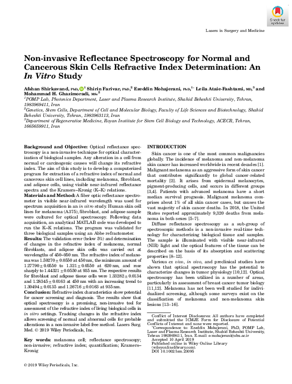 (PDF) Non‐invasive Reflectance Spectroscopy for Normal and Cancerous ...