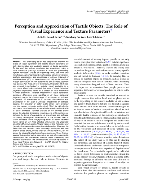 (PDF) Perception and Appreciation of Tactile Objects: The Role of ...