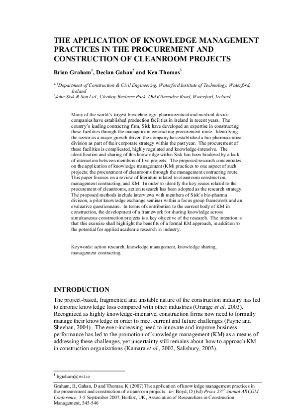 (PDF) The Application of Knowledge Management Practices in the ...