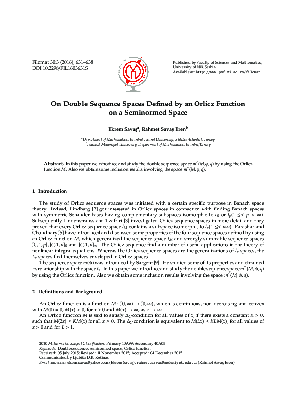 (PDF) On double sequence spaces defined by an Orlicz function on a ...