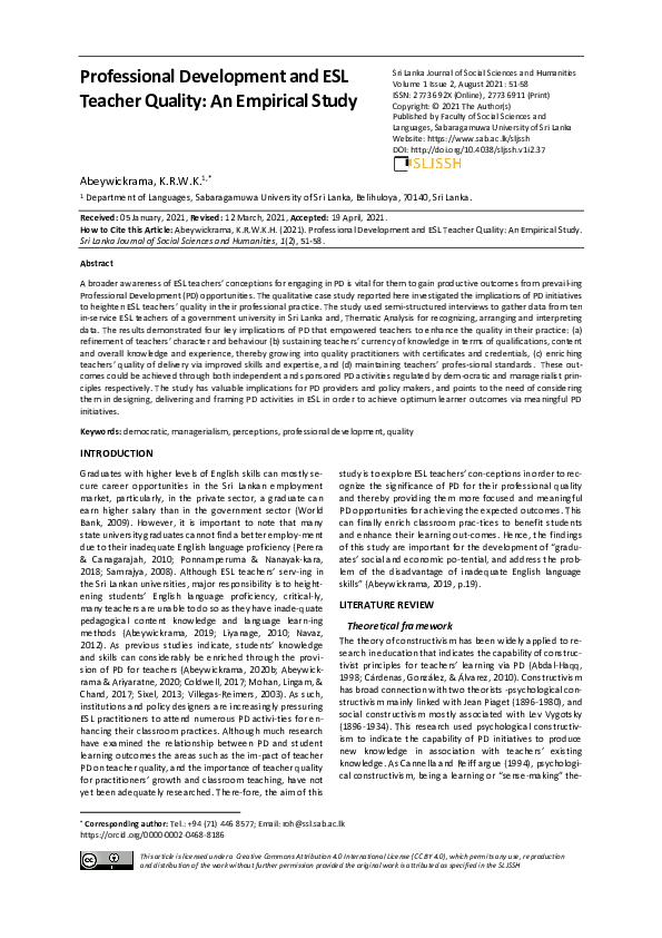 (PDF) Professional Development and ESL Teacher Quality: An Empirical Study