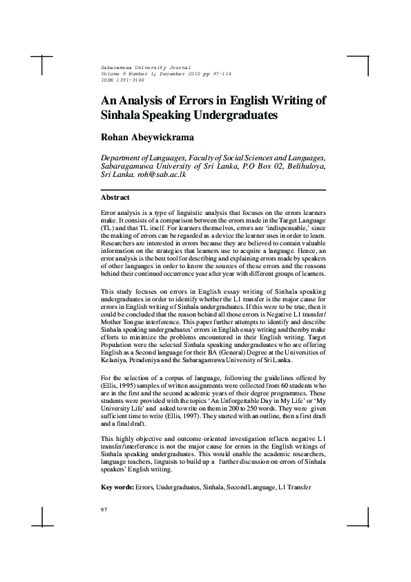 (PDF) An Analysis of Errors in English Writing of Sinhala Speaking ...