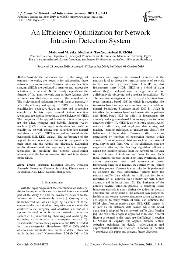 (PDF) An Efficiency Optimization for Network Intrusion Detection System